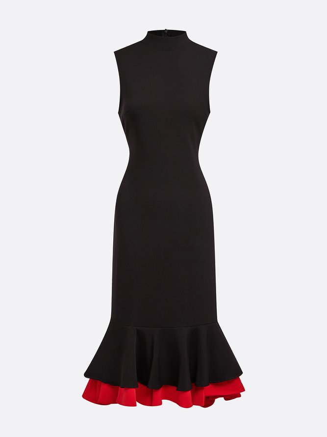 Elegant Color Block Split Joint Stand Collar Midi Dress