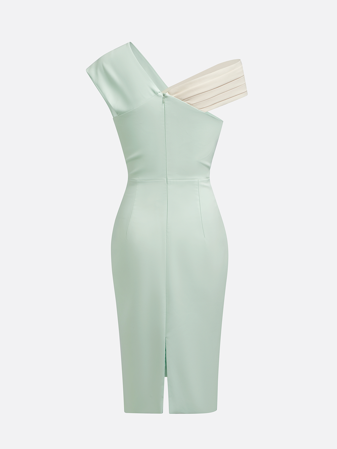 Elegant Color Block Split Joint Asymmetrical Midi Party Dress With Brooch