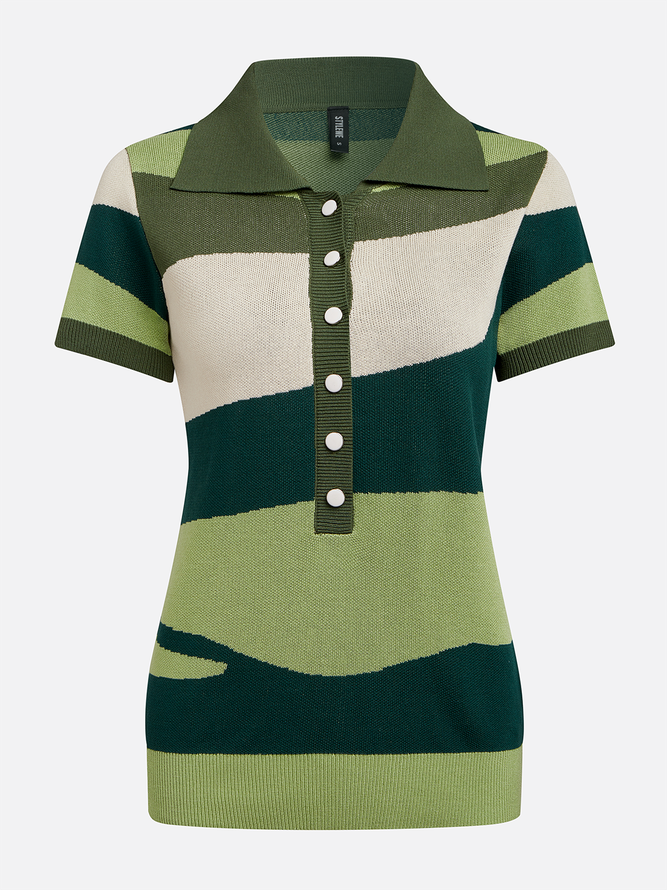 Casual Colorblock Buttoned Polo Collar Sweater