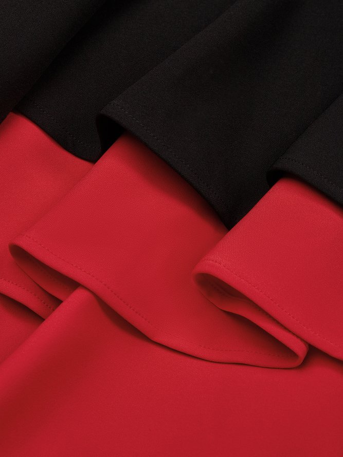 Elegant Color Block Split Joint Stand Collar Midi Dress