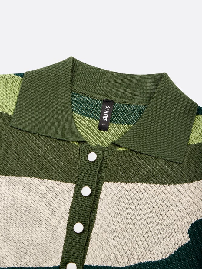 Casual Colorblock Buttoned Polo Collar Sweater