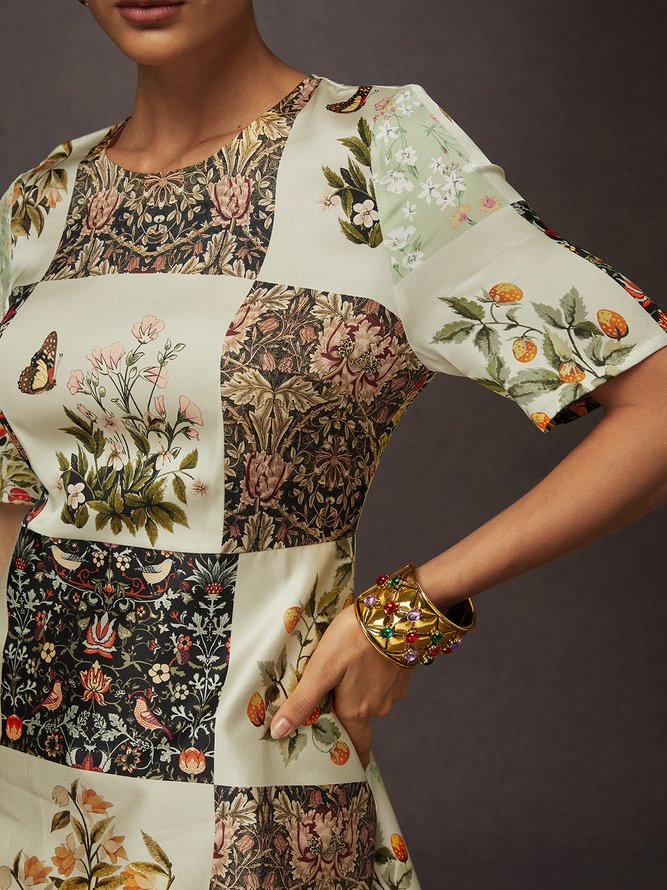 Casual Random Print Printing Crew Neck Knee Length Dress