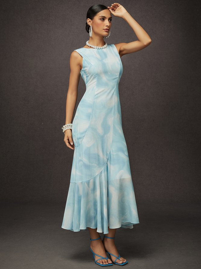 Elegant Random Print Printing Crew Neck Maxi Dress