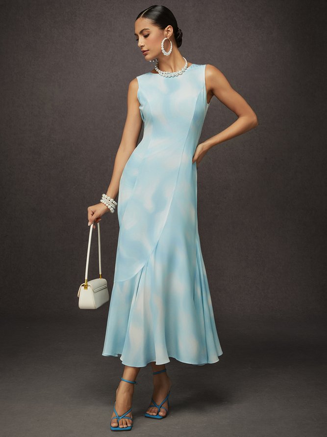 Elegant Random Print Printing Crew Neck Maxi Dress