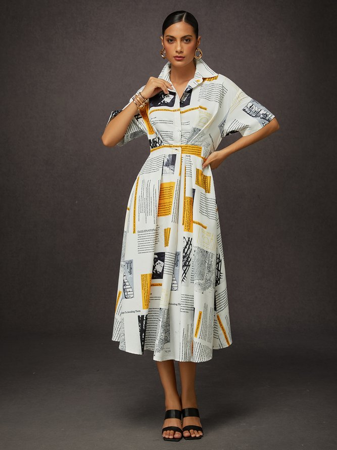 Casual Letter Pattern Printing Shirt Collar Midi Dress