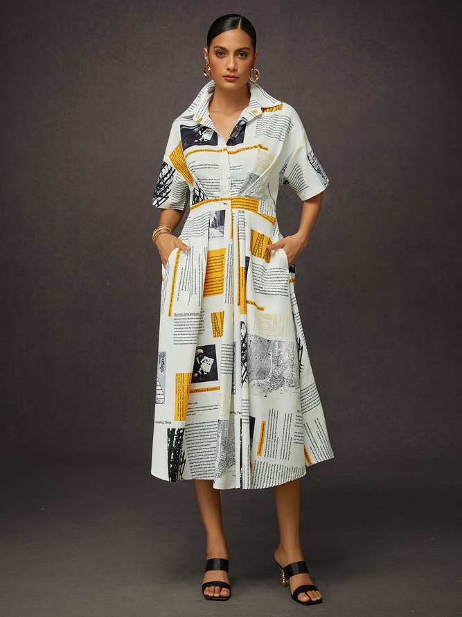 Casual Letter Pattern Printing Shirt Collar Midi Dress