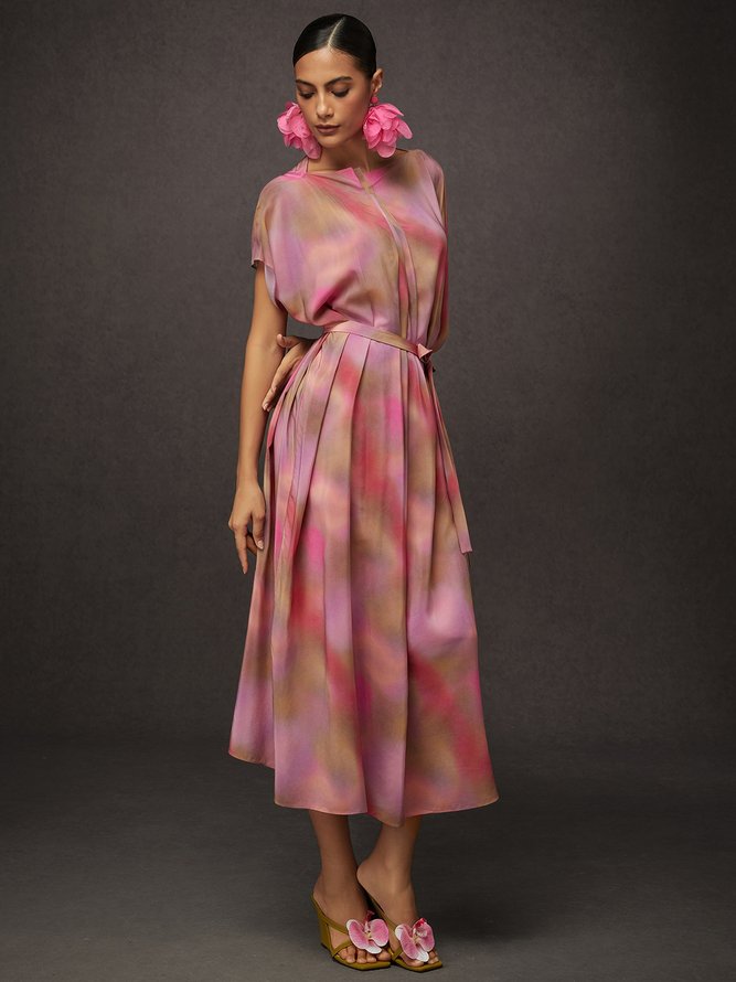 Vacation Random Print Printing Off The Shoulder Midi Dress With Belt