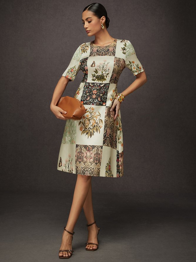 Casual Random Print Printing Crew Neck Knee Length Dress