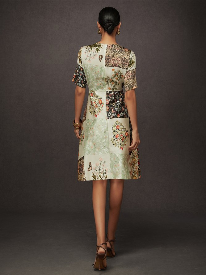 Casual Random Print Printing Crew Neck Knee Length Dress