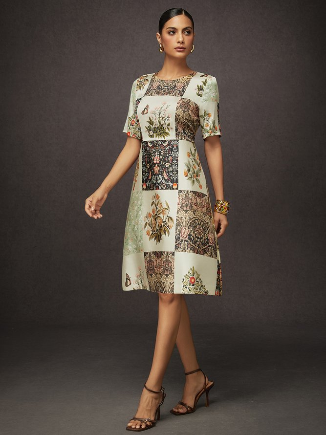 Casual Random Print Printing Crew Neck Knee Length Dress