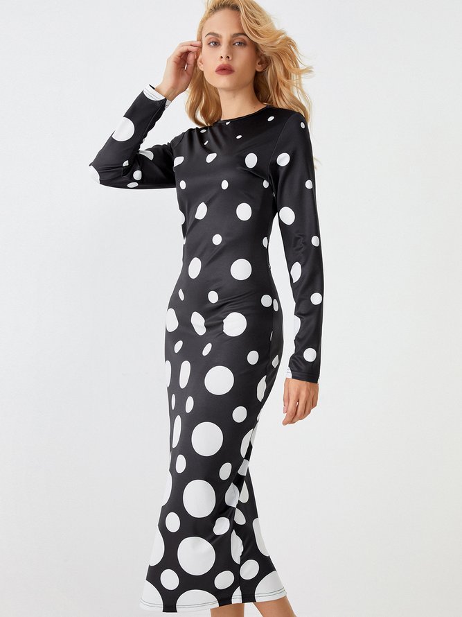 Tight Elegant Polka Dots Long Sleeve Maxi Dress