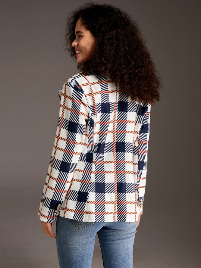 Work Plaid Lapel Collar Long Sleeve Double Breasted Blazer