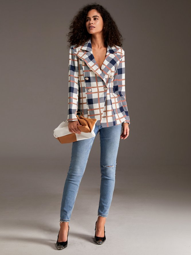 Work Plaid Lapel Collar Long Sleeve Double Breasted Blazer