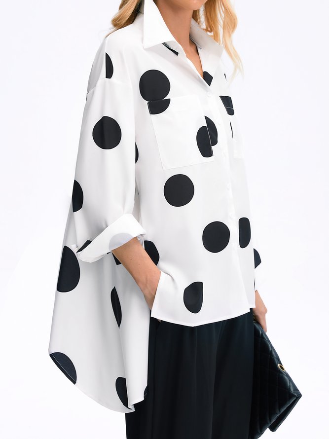 Shirt Collar Polka Dots Shift Elegant Top