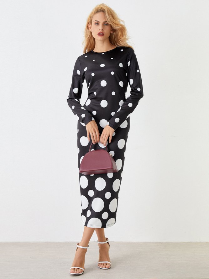 Tight Elegant Polka Dots Long Sleeve Maxi Dress