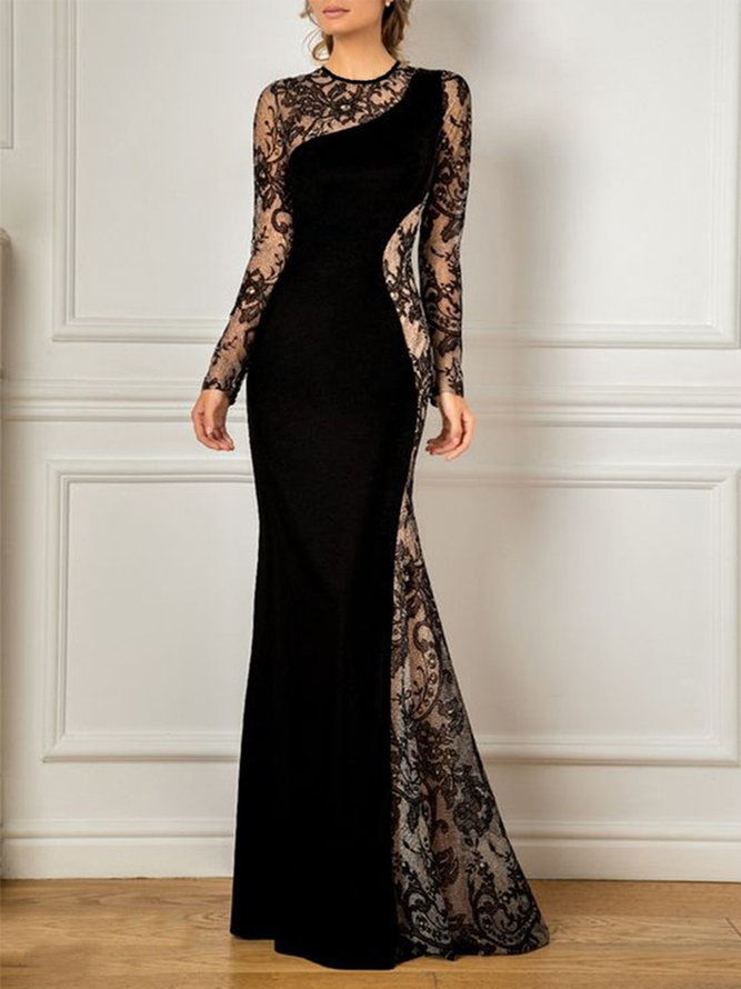 Elegant Solid Crew Neck Long Sleeve Maxi Dress Wedding