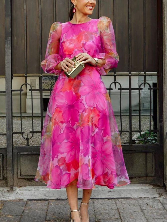 Vacation Floral Elegant Crew Neck Midi Dress