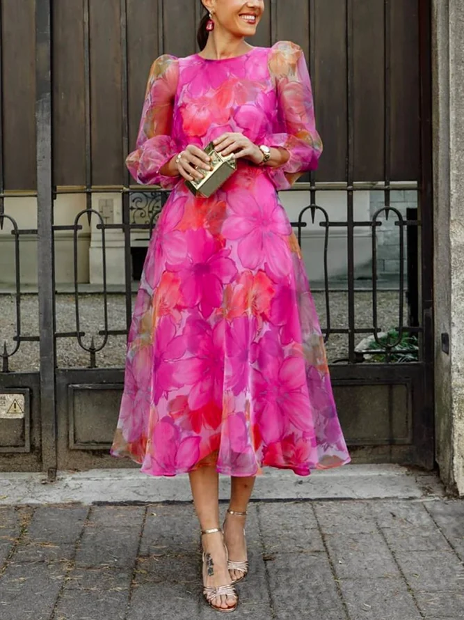 Vacation Floral Elegant Crew Neck Midi Dress