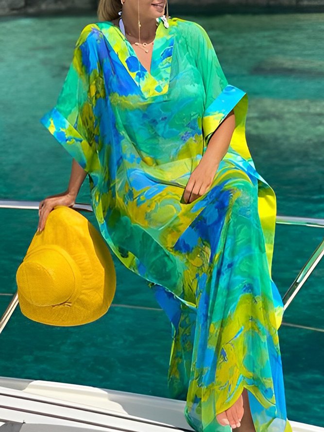 Elegant Vacation Style Loose Deep V-Neck Printed Long Dress