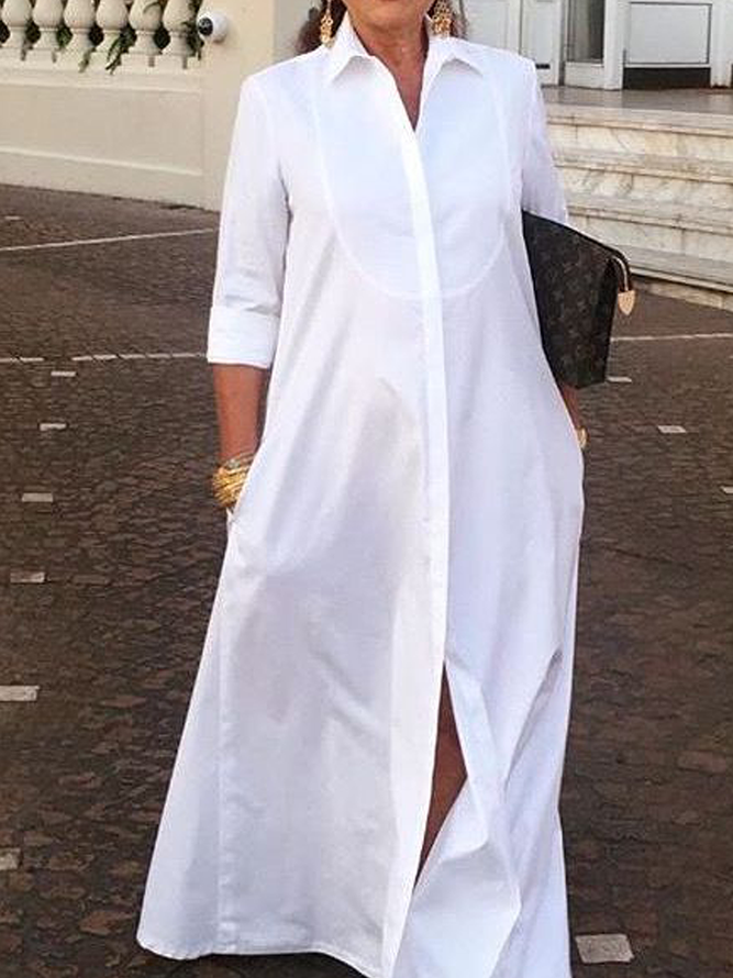 Shirt Collar Urban Loose Three Quarter Maxi Dress With No Shirt Dress
