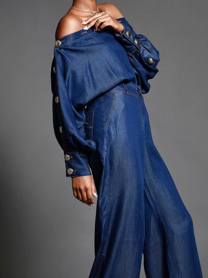 Urban Regular Fit Plain Wide leg Faux Denim Pants