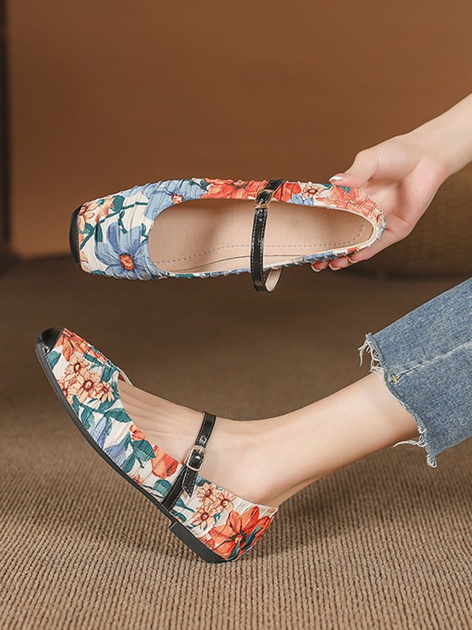 Elegant Floral Print Mary Jane Flat Shoes Shoes Women Floral All