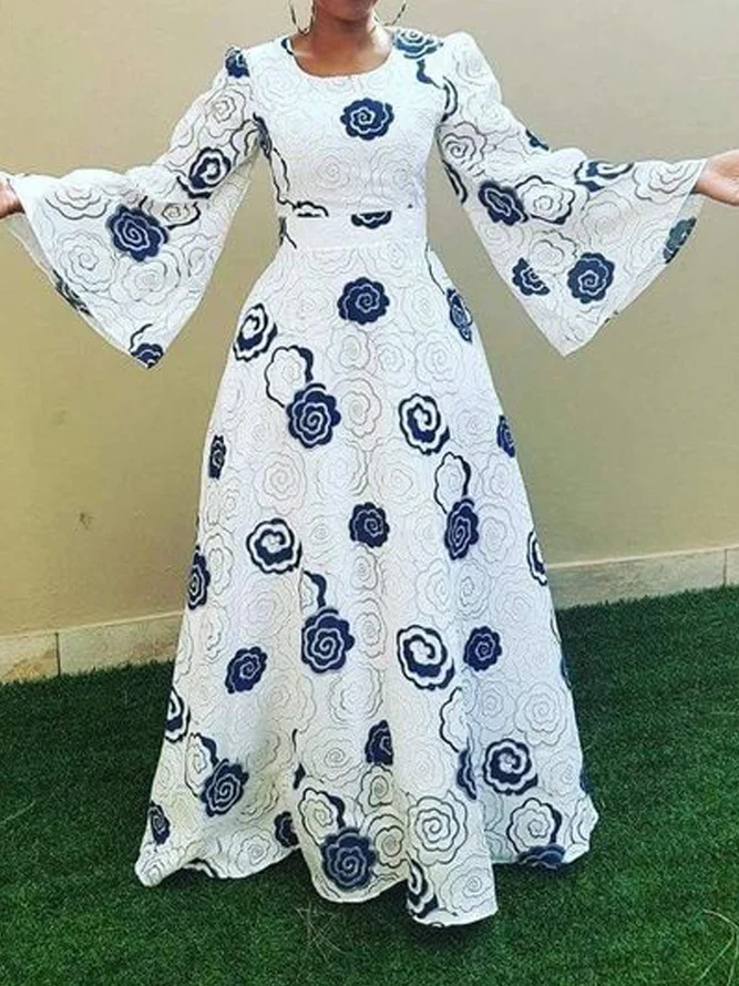 Crew Neck Long Sleeve Regular Fit Elegant Floral Maxi Dress