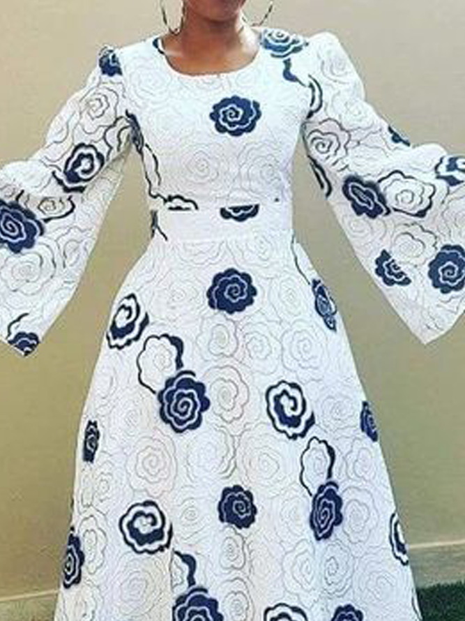Crew Neck Long Sleeve Regular Fit Elegant Floral Maxi Dress