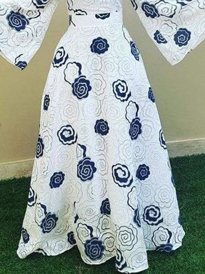Crew Neck Long Sleeve Regular Fit Elegant Floral Maxi Dress
