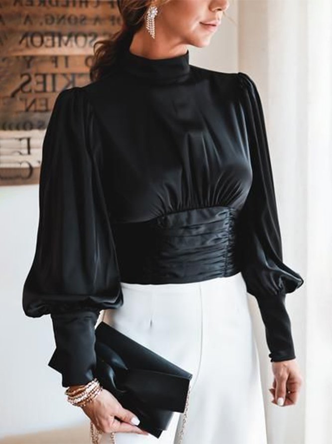 Stand Collar Plain Regular Fit Elegant Blouse