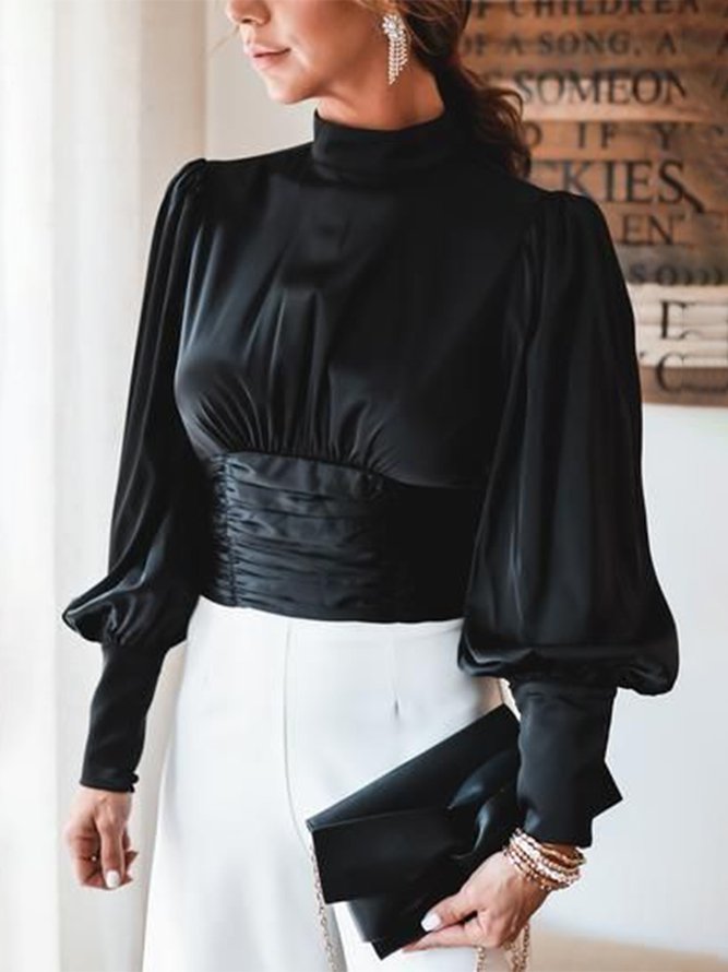 Stand Collar Plain Regular Fit Elegant Blouse