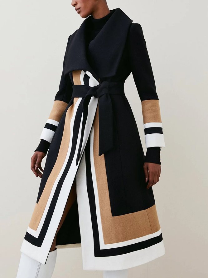 Davi & Dani Tied Color Block Collared Neck Coat