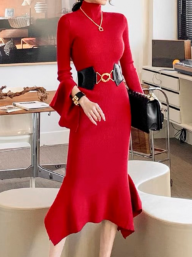 High Elasticity Elegant Tight Turtleneck Long Sleeve Sweater Dress With ...