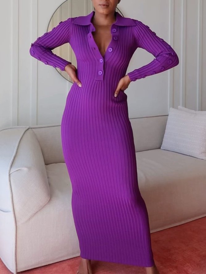 Shirt Collar Elegant Plain Sweater Maxi Dress With No Belt Dresses