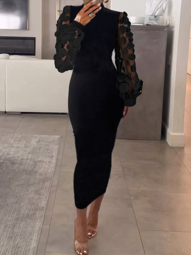 Elegant Plain 3D Floral Sheer Mesh Patch  Regular Fit  Dress