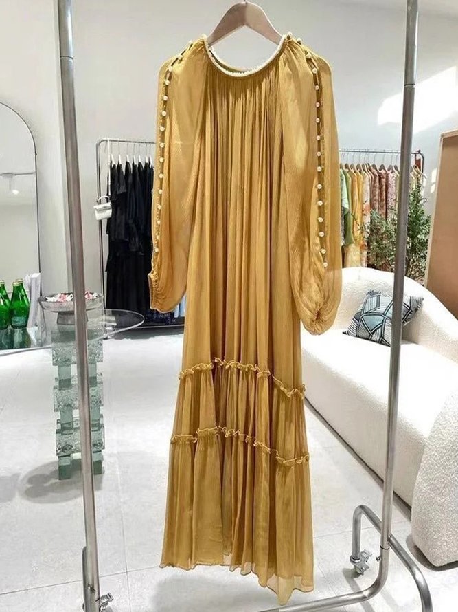 Elegant Beaded Plain Crew Neck Maxi Dress