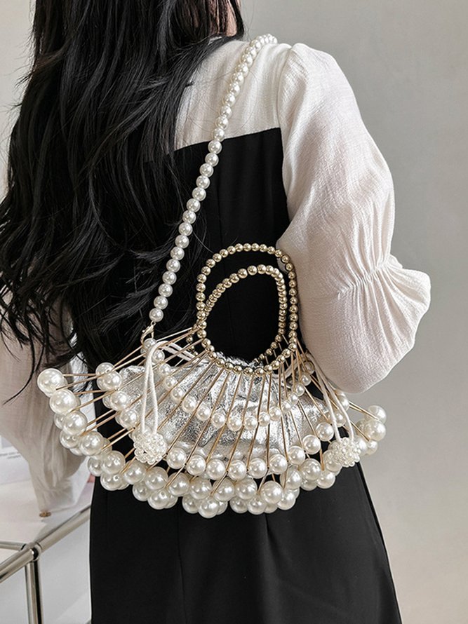 Elegant Beaded Scalloped Handbag with Imitation Pearls Crossbody Strap