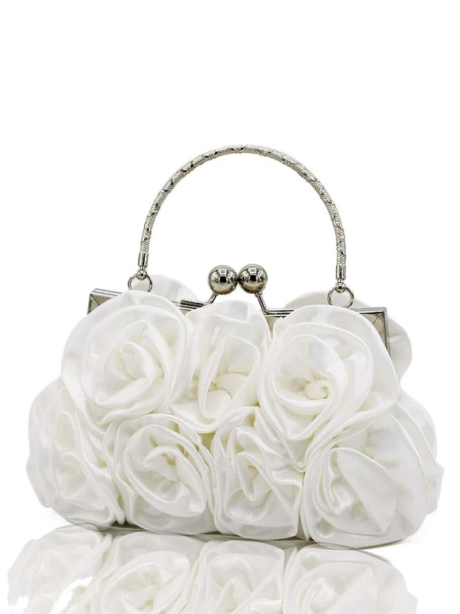 Elegent Flower Decorated Satin Metal Handle Evening Clutch with Chain Strap