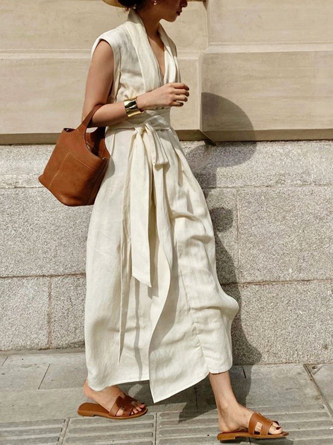 Vacation Plain V Neck Linen Dress With Belt