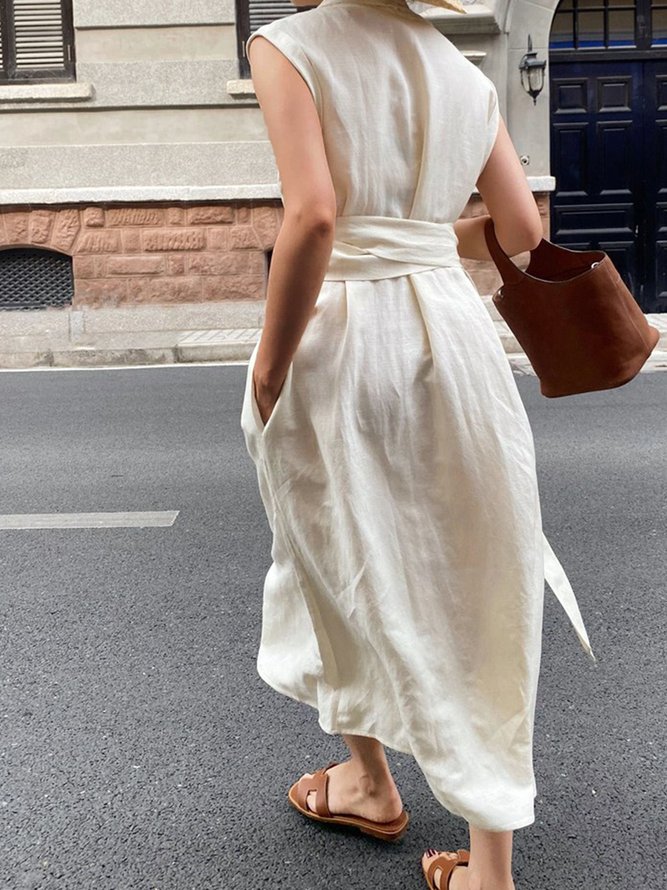 Vacation Plain V Neck Linen Dress With Belt