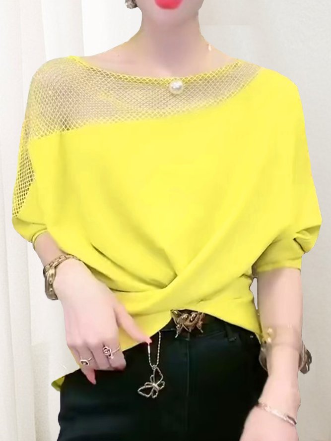 Casual Crew Neck Loose Irregular Hollow Front Twist Shirt