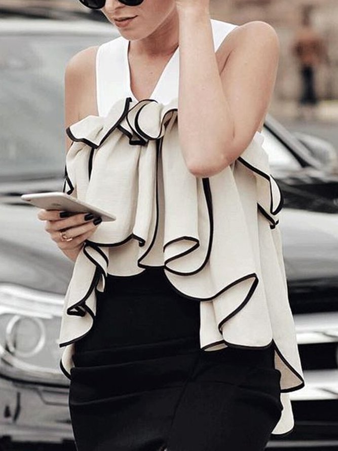 Color Block V Neck Flowy Ruffle Sleeveless Shirt 