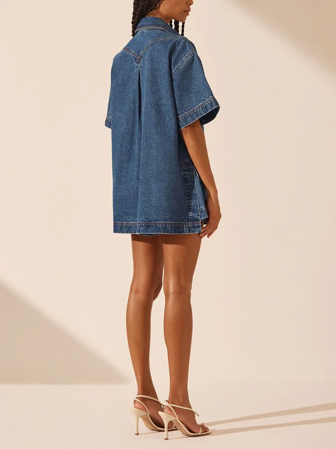 Casual Loose Shirt Collar Denim Blouse
