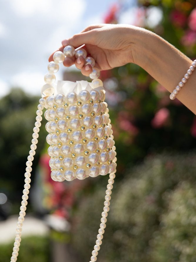 Elegant Imitation Pearl Mini Bucket Bag with Adjustable Strap