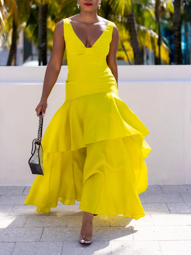 V Neck Elegant Plain Sleeveless Maxi Dress