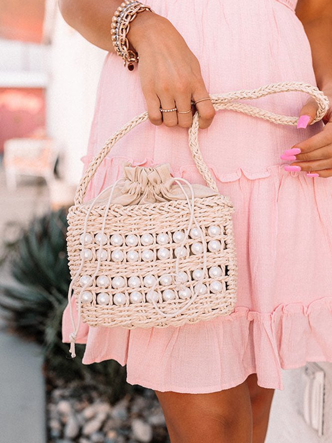 Imitation Pearls Vacation Drawstring Straw Crossbody Bag