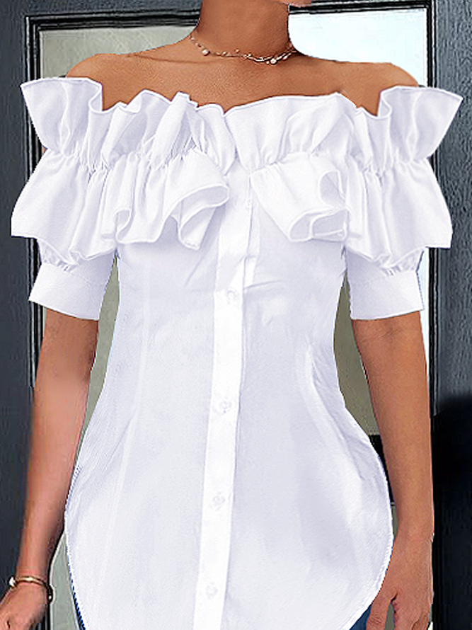Elegant Off Shoulder Ruffle Short Sleeve Button-Down Blouse
