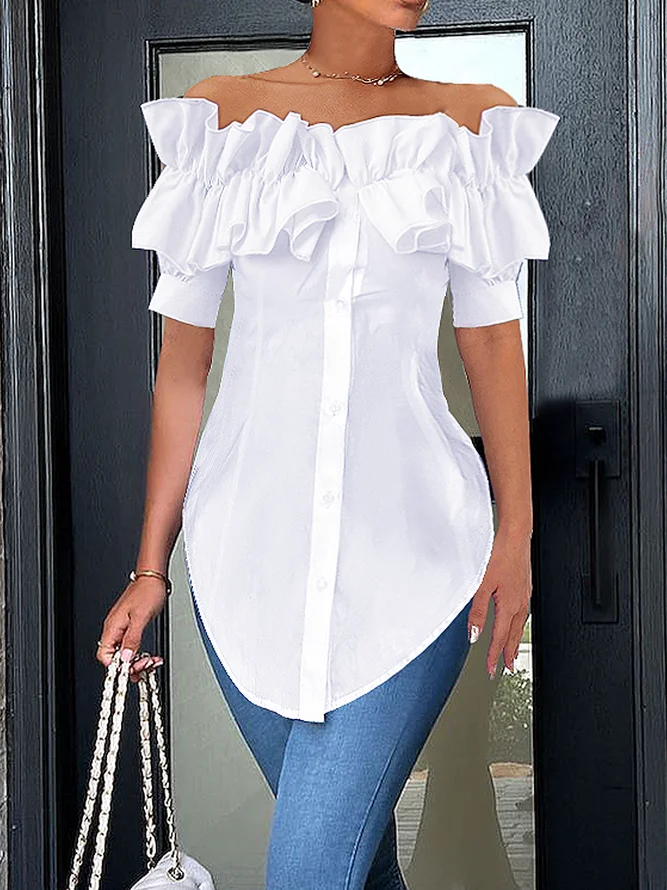 Elegant Off Shoulder Ruffle Short Sleeve Button-Down Blouse