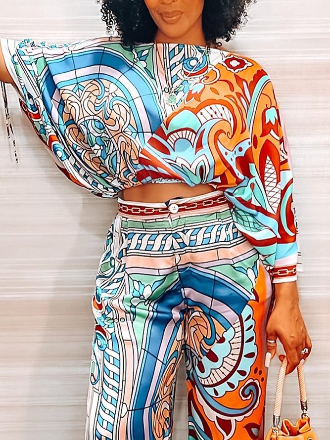 Boat Neck Abstract  Print Casual Loose Shirt