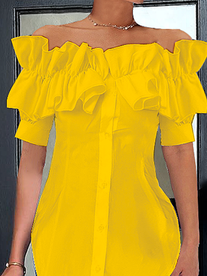 Elegant Off Shoulder Ruffle Short Sleeve Button-Down Blouse